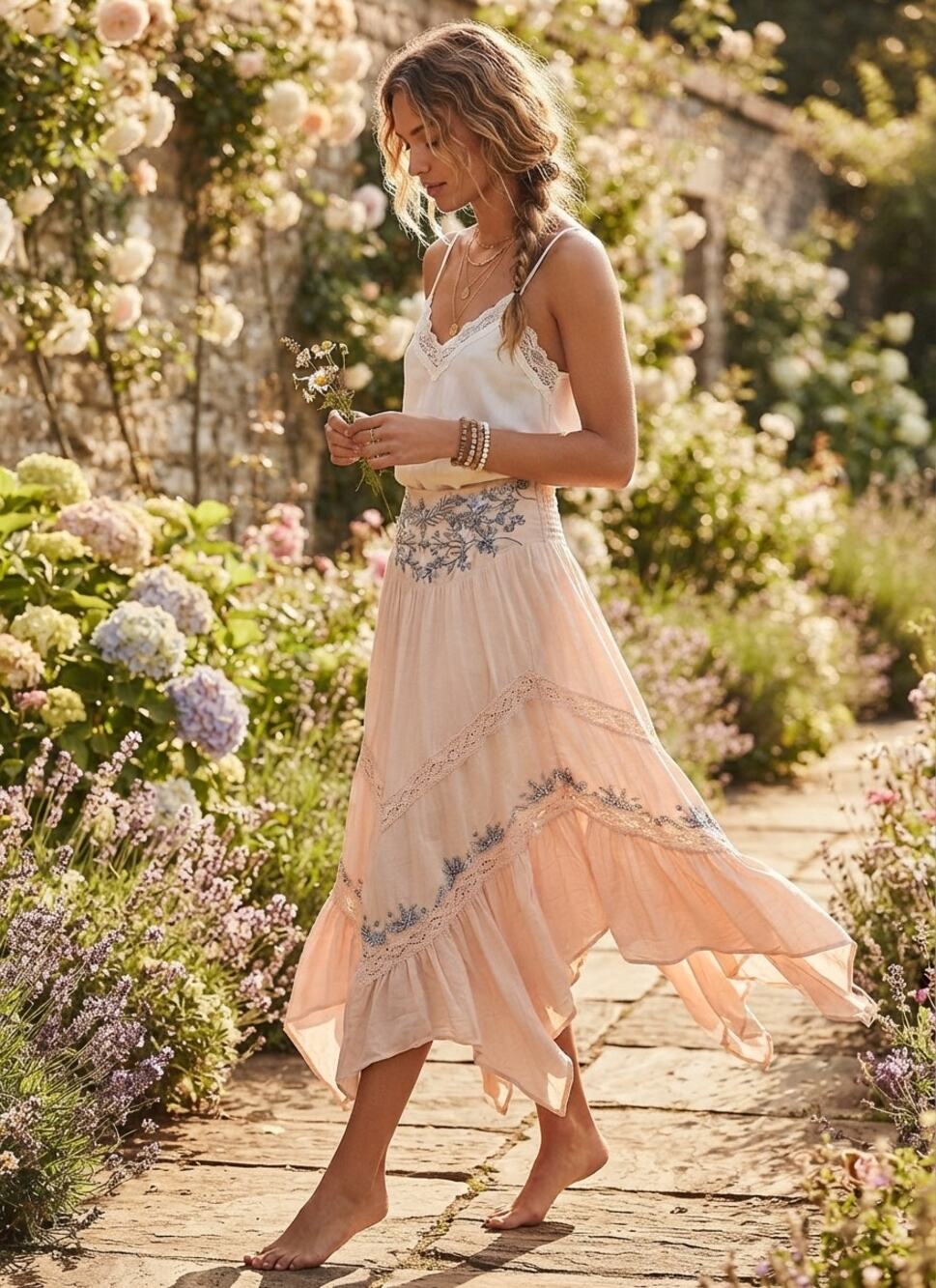 Free People Embroidered Beaded Boho Midi Skirt Cottagecore Artisan Peach Small